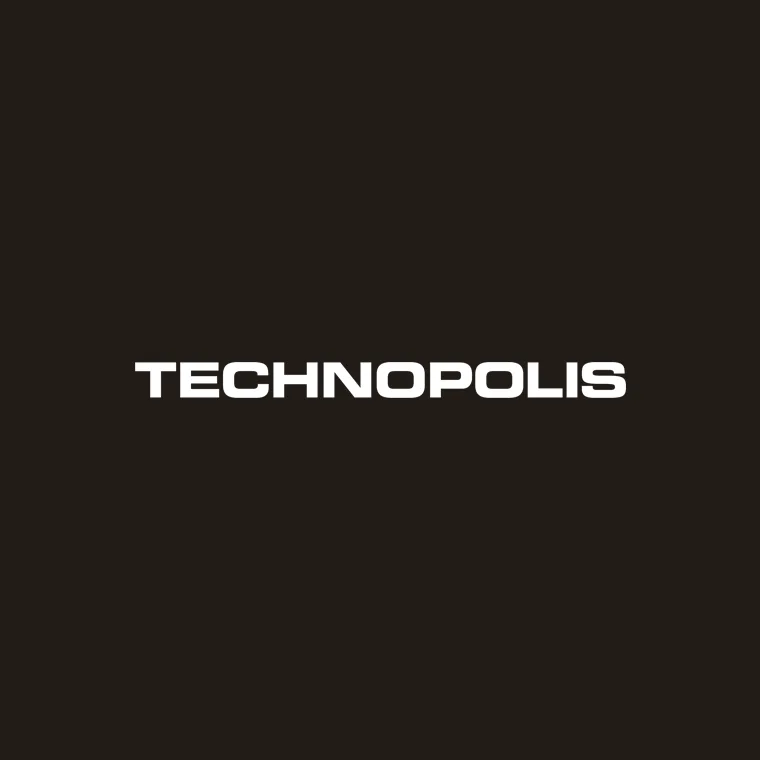 Technopolis logo i vitt mot svart bakgrund